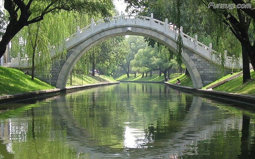 puente en parque, puente, arboles, canal, parque fondo de pantalla