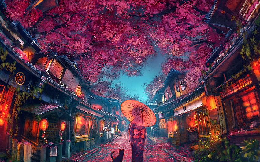 parasol, Japonia, dziewczyna, kimono, światło w oknach, miasto wieczorem, czerwone latarnie, czarny kot, kwiaty wiśni, ulica miasta, autor: Yuumei, sekcja w rozdzielczości, japoński Lofi Tapeta HD