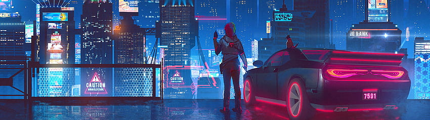 Cyberpunkowe miasto science fiction, podwójny monitor Cyberpunk Tapeta HD