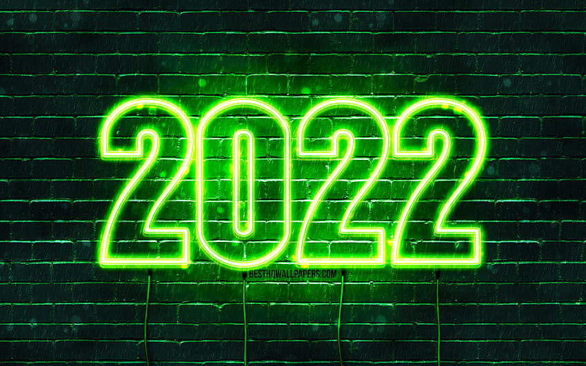 2022 zielone neonowe cyfry, , Szczęśliwego Nowego Roku 2022, zielony mur, poziomy tekst, 2022 koncepcje, przewody, 2022 nowy rok, 2022 na zielonym tle, 2022 rok cyfry Tapeta HD