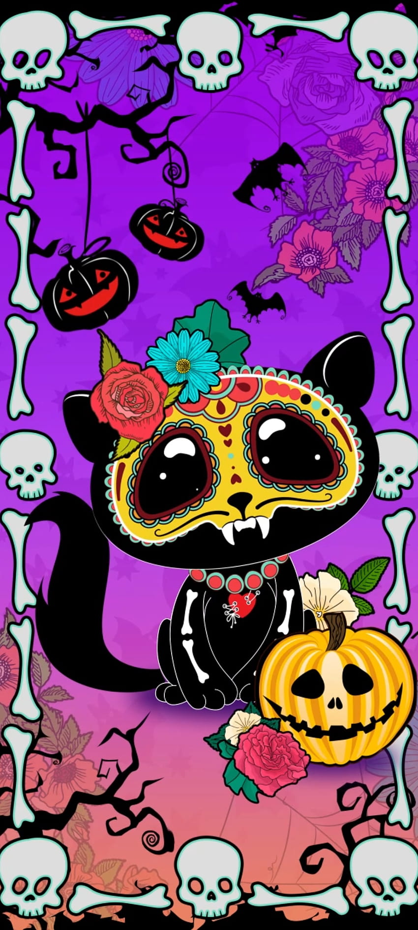 Halloween Skull Cat, ออร์แกน, สีม่วงแดง, หรูหรา, ฟักทอง, เทศกาล, พรีเมี่ยม วอลล์เปเปอร์โทรศัพท์ HD