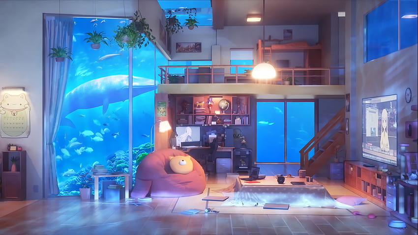 Sala de estar de anime bajo el agua. fondo de pantalla