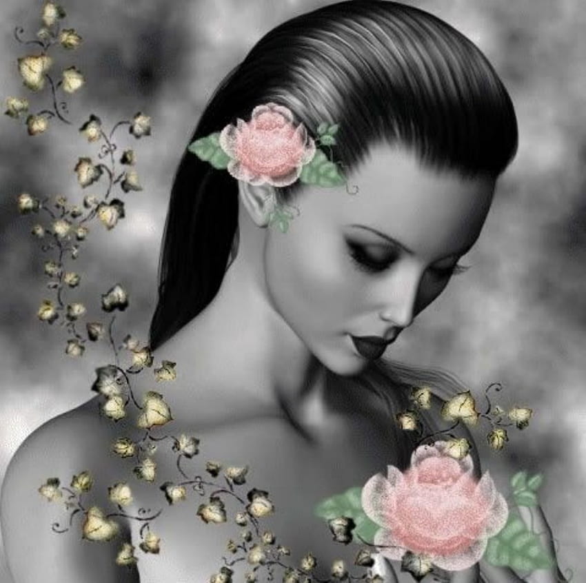 Kobieta z różą, róża, smutna, różowa, dama Tapeta HD