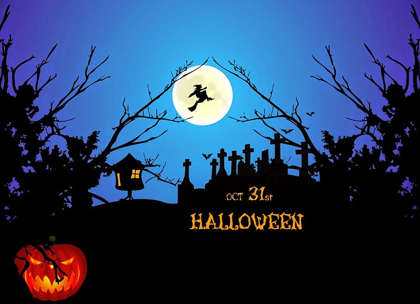 31 октомври, нощ, Хелоуин, гробище, страшно, с, тиква, прилепи, тъмно HD тапет
