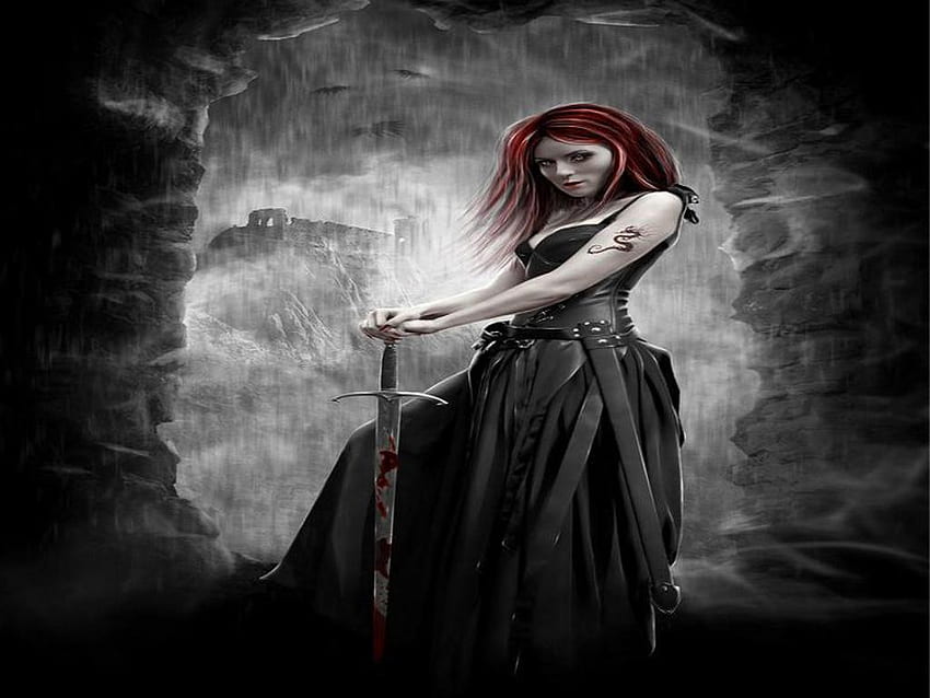 Schöner Krieger, schwarz, Schwert, rot, Tatoo, Kleid, Haare, Frau, Krieger HD-Hintergrundbild