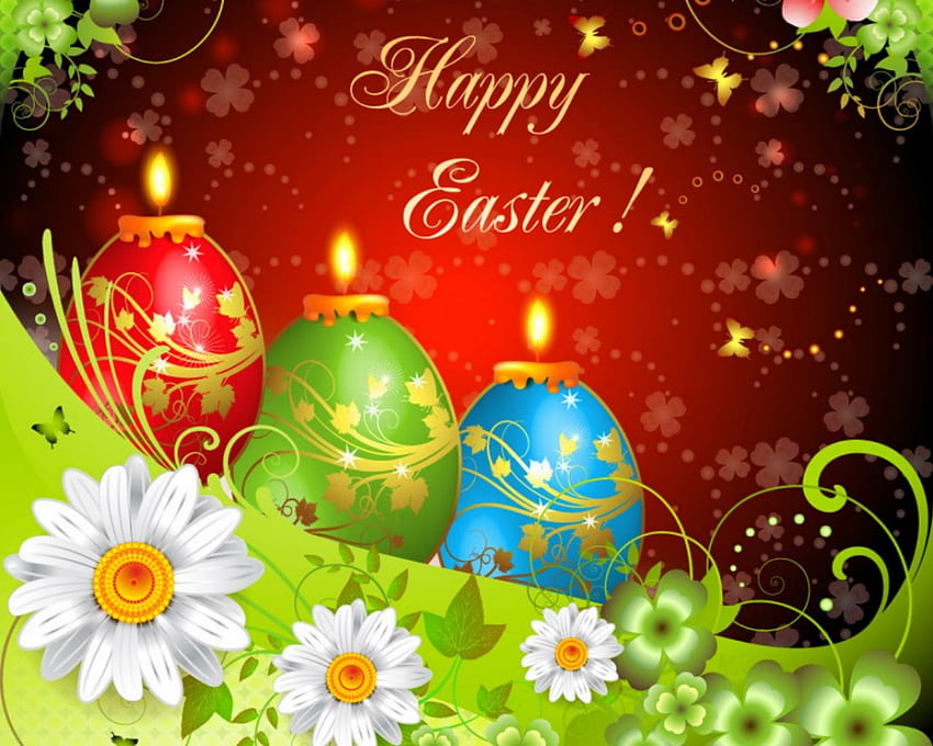Happy Easter, candles, easter, flowers, eggs HD wallpaper
