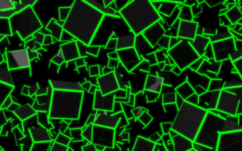 Cubos de neón verde 3D U, juego verde oscuro fondo de pantalla