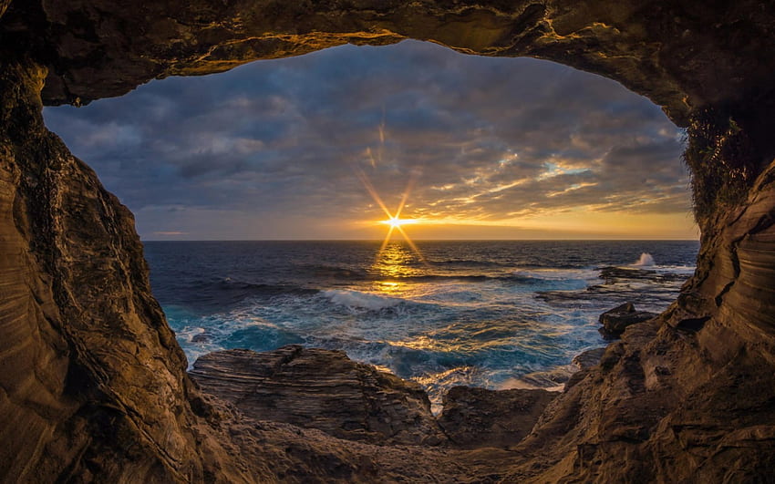 Blick auf den Sonnenuntergang von Ocean Cave, Höhlen, Ozeane, Sonnenuntergänge, Aussicht, Natur HD-Hintergrundbild