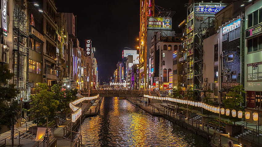 일본 오사카 운하 강 밤 시간 HD 월페이퍼