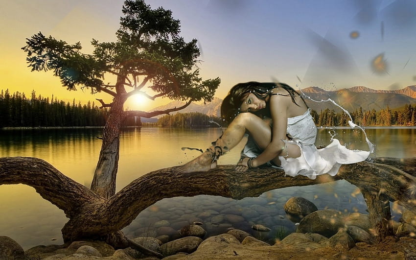 wanita kesepian, cabang, sungai, wanita, pohon Wallpaper HD