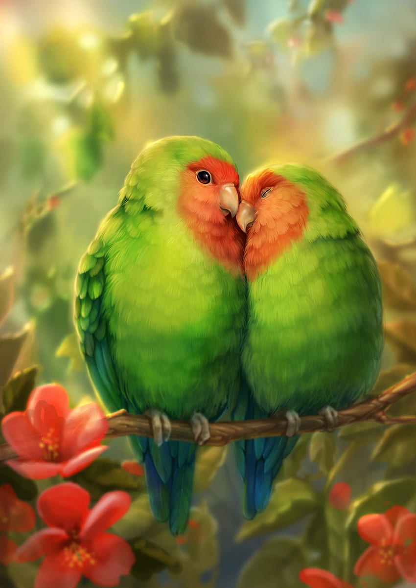 Parrots, Birds, Art, Sweetheart, Nice, Romance HD phone wallpaper