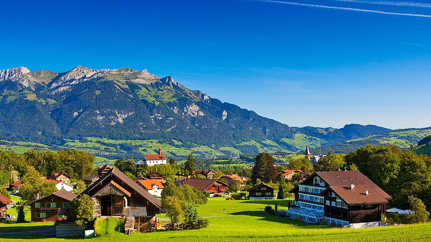 Villaggio di montagna in Svizzera, colline, paesaggio, cielo, case, alpi Sfondo HD