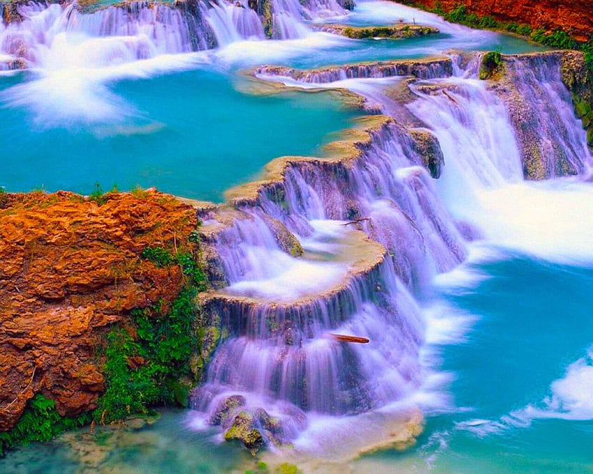 красиво лилаво, лилаво, водопад, природа, скали HD тапет