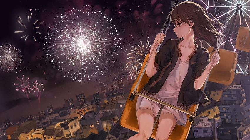 Anime Girls Anime Fireworks Night White Dress Sad Catzz - Resolution: HD wallpaper