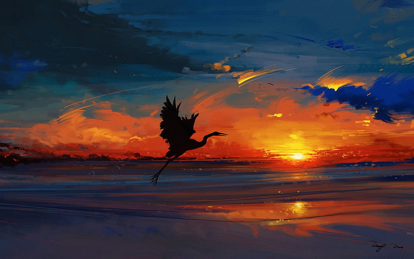 Sunset, bisbiswas, orange, bird, art, summer, fantasy, red, sky, water, pasari, silhouette, cloud HD wallpaper