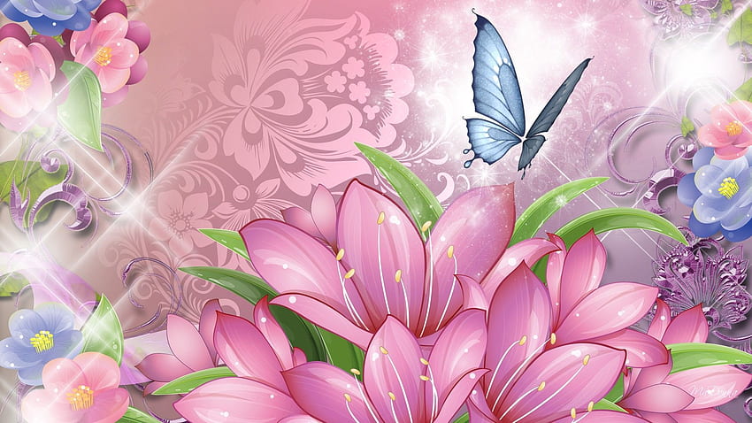 Mariposa rosa con maqueta de flores, rosas y mariposas fondo de pantalla
