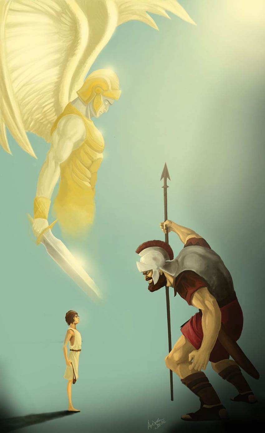 David und Goliath mit Engel - Bibel, Christ, Christliche Kunst, biblische Engel HD-Handy-Hintergrundbild