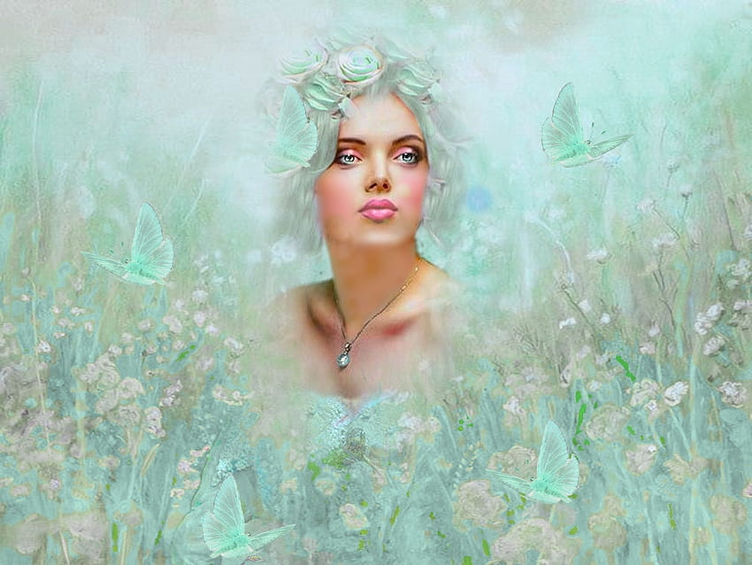 Delicate Pastel, butterflies, pastel sea green, soft, flowers, girl, beautiful, lovely HD wallpaper