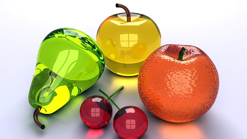Glass Fruits, pear, apple, orange, cherries HD wallpaper