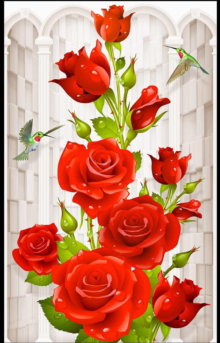 Benutzerdefinierte 3D-europäische schöne romantische Kolibri-Rosen-Veranda-Hintergrund-Wand-Malerei, schöne Rosen HD-Handy-Hintergrundbild