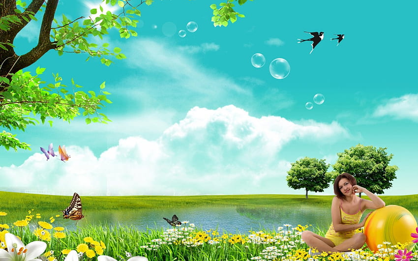 ความงามกับธรรมชาติ นก เด็กสาว หญ้า ความงาม ทะเลสาบ ทารก พริตตี้ กลีบดอก สีสดใส เขียว ลูกบอล ต้นไม้ ธรรมชาติ ดอกไม้ น่ารัก วอลล์เปเปอร์ HD