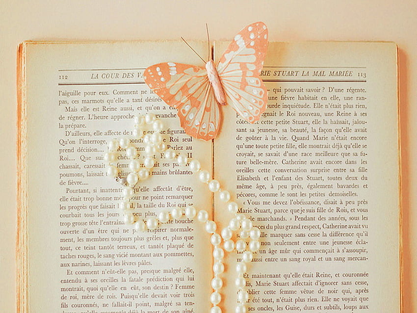 Pearls of wisdom, book, peach, butterfly, pearls, cream HD wallpaper