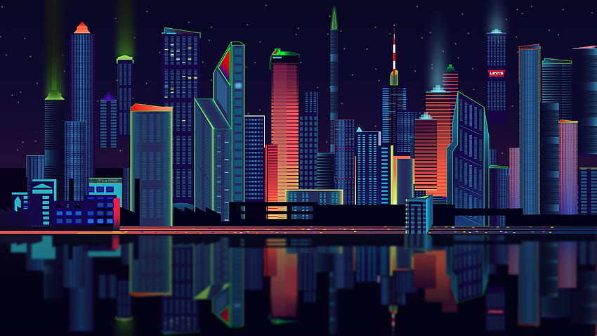 Cityscape, night, buildings, digital art HD wallpaper