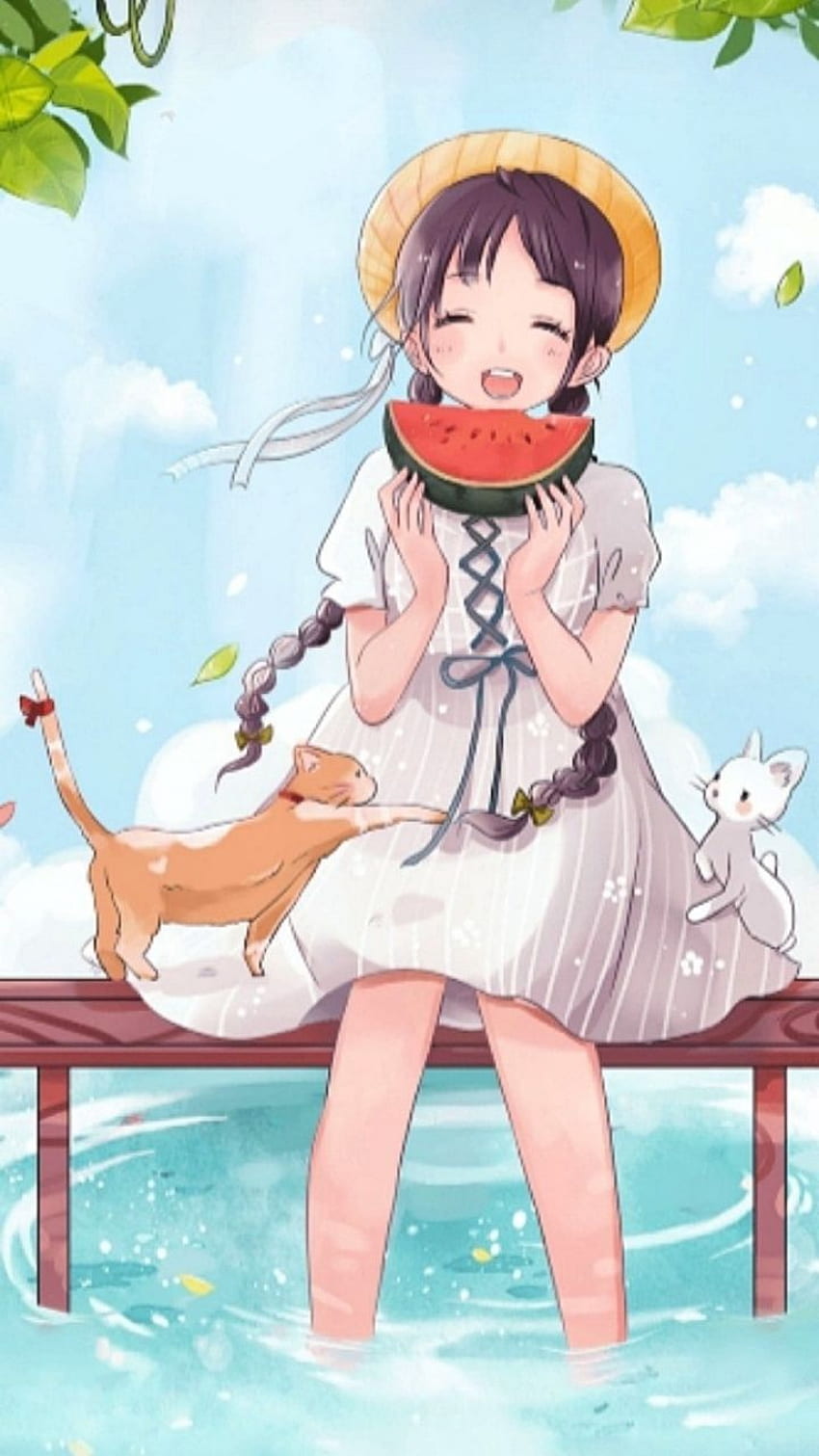 Anime girl, cloud, sky, cat, rabbit, watermelon, cute, water, summer HD ...