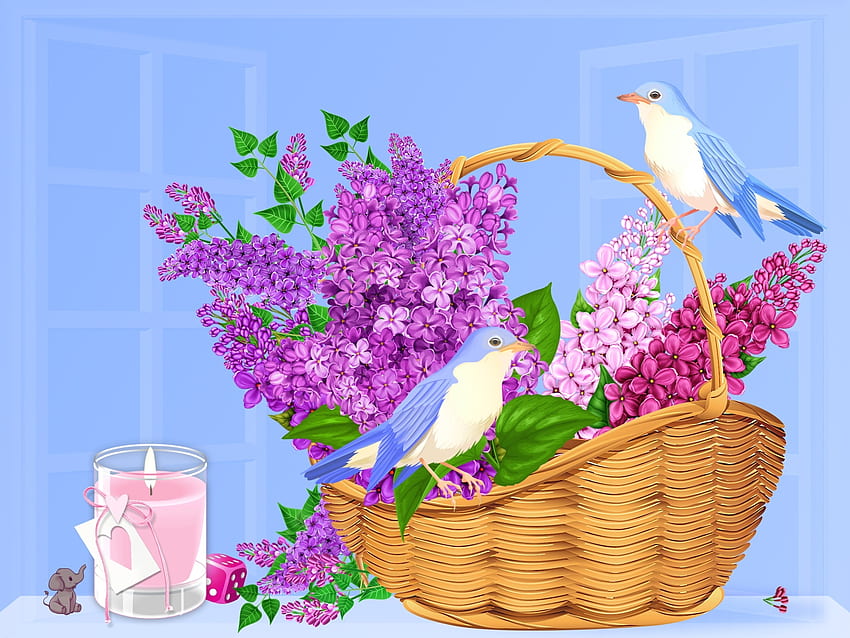 Spring, Still Life, Lilac, Birds HD wallpaper