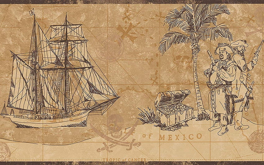 ビンテージ パイレーツ マップ チェスト オブ ゴールド フリゲート帆船 航海 高画質の壁紙