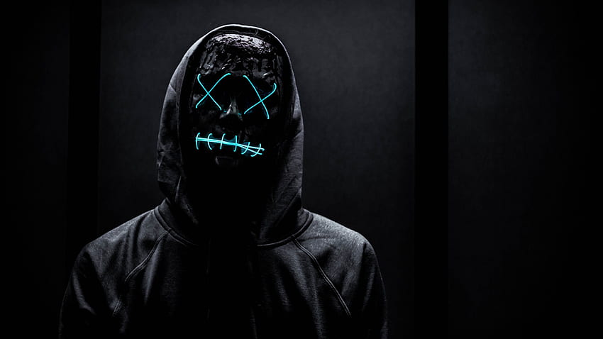 Neonmaske, Mann in Schwarz, dunkler Hintergrund, Hoodie, blaues Licht, Grafik, Neongesicht HD-Hintergrundbild
