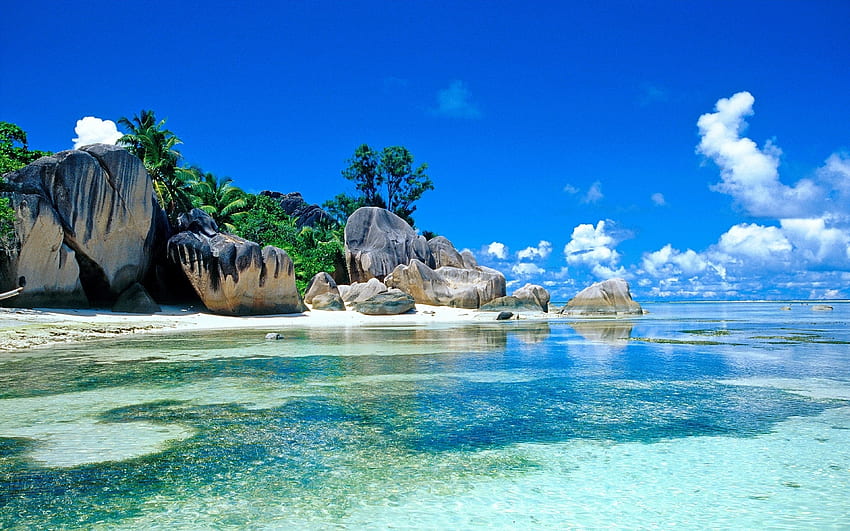 Îles tropicales des Seychelles dans l'océan Indien à l'est de l'Afrique Plages, récifs coralliens et réserves naturelles Sea Palm Trees Coast Stones Ultra Fond d'écran HD