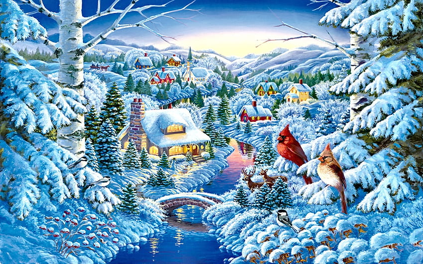 Heavenly Winter, winter, river, snow, landscape, bridge, trees, cottage, cardinals, painting HD wallpaper