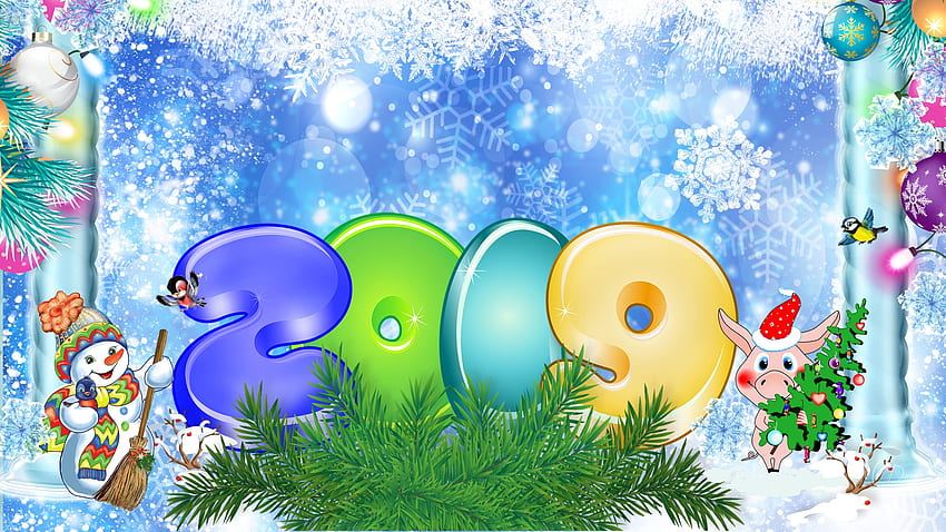 Welcome 2019, winter, New Year, piggy, fir, tree, Firefox theme, snowman, snowflakes, 2019, Christmas, snow, Year of the Pig HD wallpaper