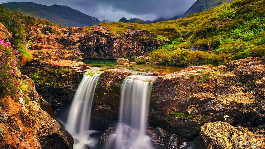 The Fairy Pools, Isle Of Skye, Szkocja, rzeka, chmury, kraj, niebo, kaskada, skały, góry Tapeta HD