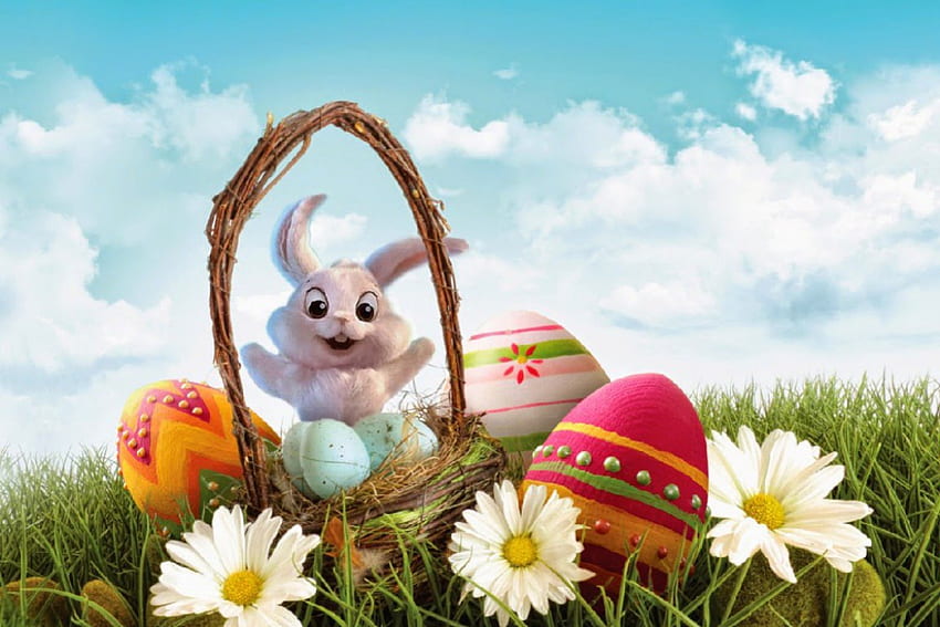 Easter Bunny, Easter, grass, eggs, daisies, bunny, basket, Easter eggs, holiday, clouds, flowers, sky, rabbit HD wallpaper