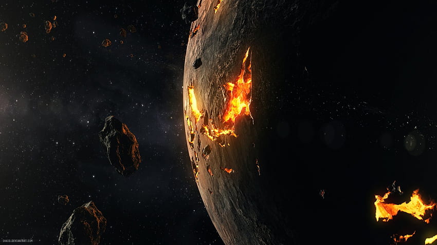 Near Death - Shaio, CGI, planets, magma, flames, graphics, space, debris HD wallpaper