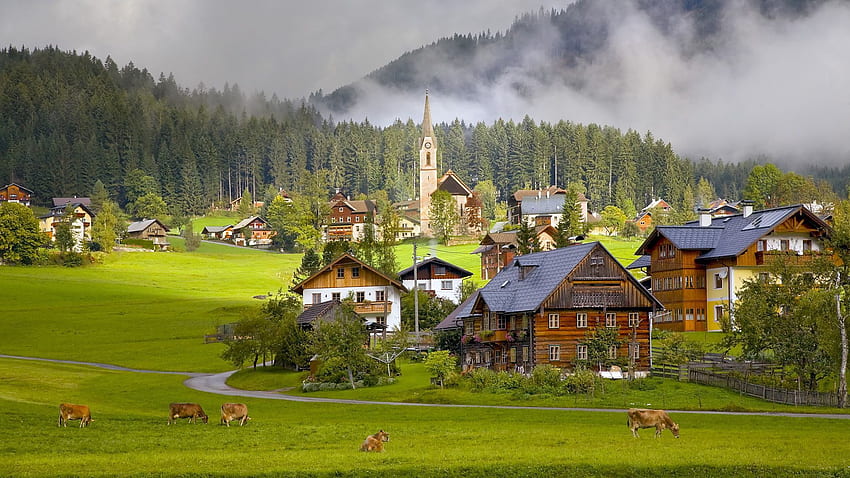 Austria, Ciudades, Casa, Vacas, Aldea, Gosau, Gozau fondo de pantalla