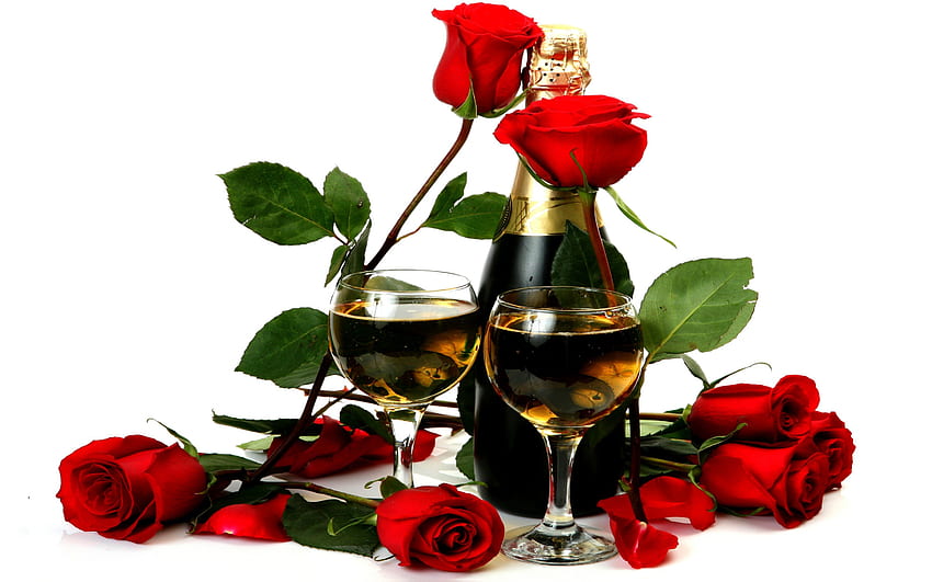 VALENTINE TREAT, valentine, Roses, Champagne, Glassesvalentine, Flowers, glasses HD wallpaper