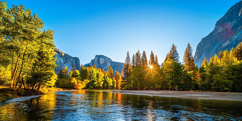 Sun over Yosemite NP, sol, rayos, río, luz solar, otoño, hermoso, montaña, parque nacional, otoño, vista, Yosemite, cielo fondo de pantalla