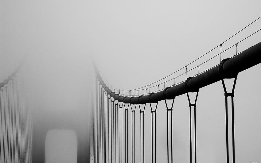 Bridge in the fog, mist, bridge, fog, black and white HD wallpaper