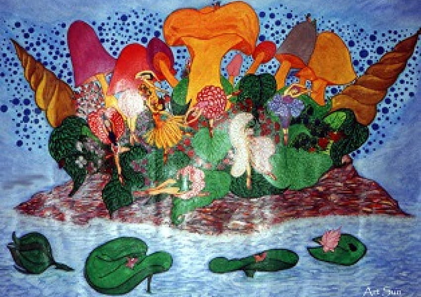 Jamur Sihir, seni, peri, jamur, teratai, kolam Wallpaper HD