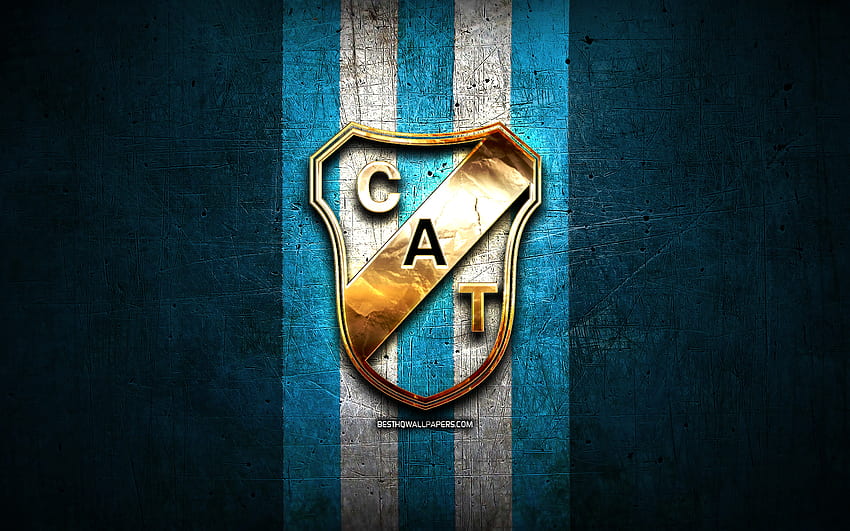 Temperley FC, złote logo, Primera Nacional, niebieskie metalowe tło, piłka nożna, argentyński klub piłkarski, logo CA Temperley, piłka nożna, CA Temperley, Argentyna, Club Atletico Temperley Tapeta HD