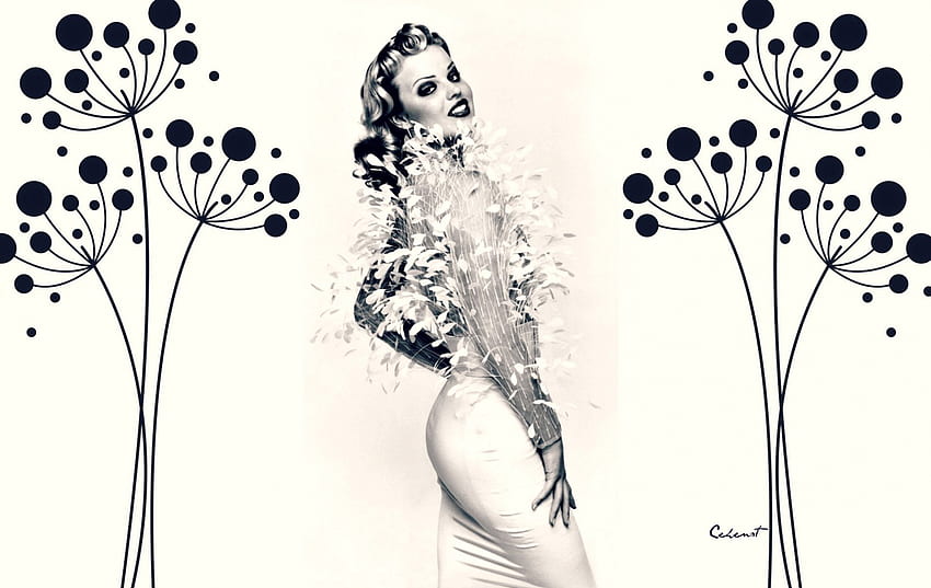 Eva Herzigova, blue, white, by cehenot, black, model, dandelion, dot, dress, woman, feather, abstract HD wallpaper