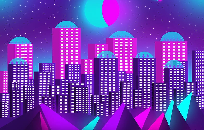 landscape, mountains, neon, pyramid, starry sky, the city of the future, neon glow, neon city, the city of minimalism, blue neon, neon landscape, pink neon, neon sky, neon mountains, neon pyramid HD wallpaper