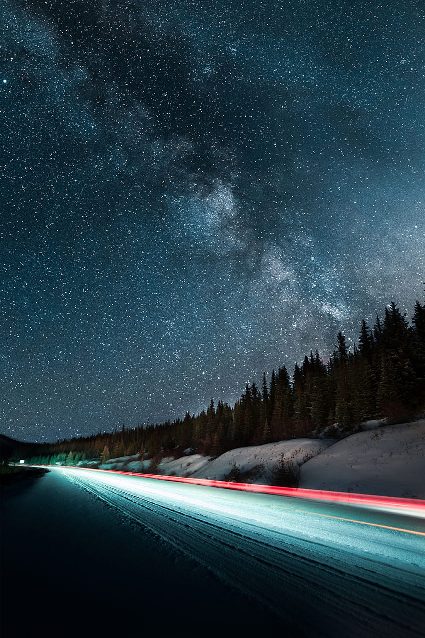 Natur, Sterne, Nacht, Straße, Sternenhimmel, Langzeitbelichtung HD-Handy-Hintergrundbild