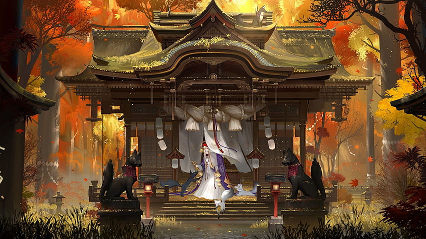 Anime-Landschaft, Kreaturen, Schrein, Wald, Statue, Miko, japanische Kleidung, Herbst für iMac 27 Zoll HD-Hintergrundbild
