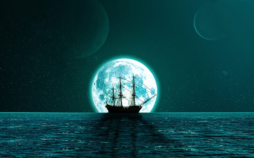 sylwetka żaglowca, niebieski księżyc, morze, horyzont, koncepcje samotności, nocny kraj, żaglowiec, księżyc Tapeta HD