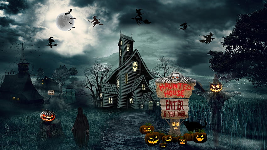 Влезте в къщата с духове...Ако смеете, обитавана от духове, къща, тикви, Хелоуин, призрак, вещици, фенер HD тапет