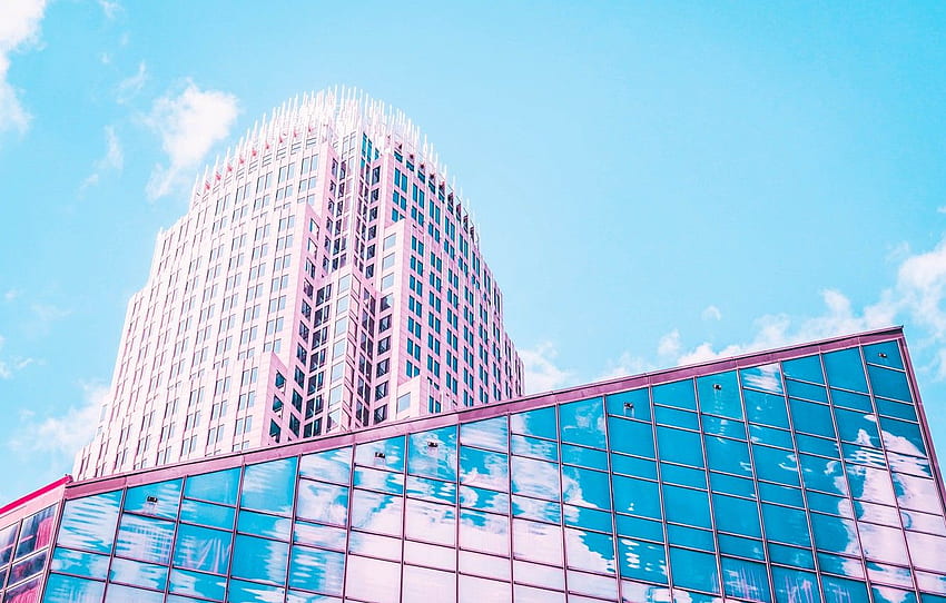 city, glass, pink, clouds, reflection, architecture, building, Charlotte, ultra background, USA, Queen City, North Carolina for , section город HD wallpaper